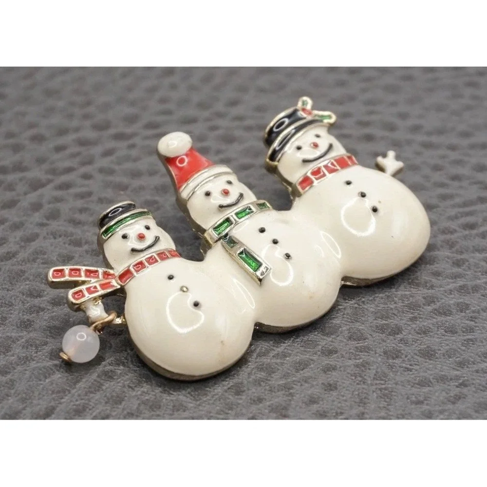 Vintage Snowman Brooch Pin Enamel Christmas Holiday Gold Tone